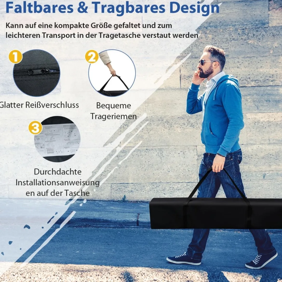 Faltpavillon 3 m x 3 m Großes Aufklappbares Vordach Weiß mit Tragetasche mit 3-stufiger Höhenverstellung