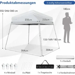 Faltpavillon 3 m x 3 m Großes Aufklappbares Vordach Weiß mit Tragetasche mit 3-stufiger Höhenverstellung