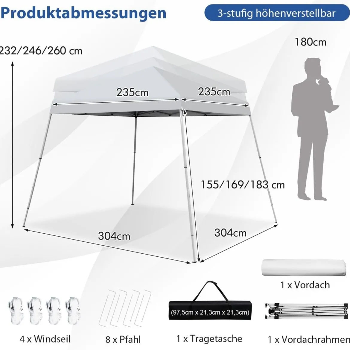 Faltpavillon 3 m x 3 m Großes Aufklappbares Vordach Weiß mit Tragetasche mit 3-stufiger Höhenverstellung