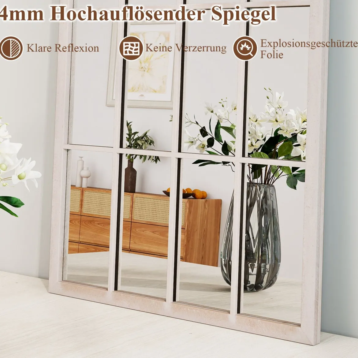 Farmhouse Fensterrahmen Spiegel gewölbter Wandspiegel mit Metallrahmen Grau 115 x 50 x 2 cm