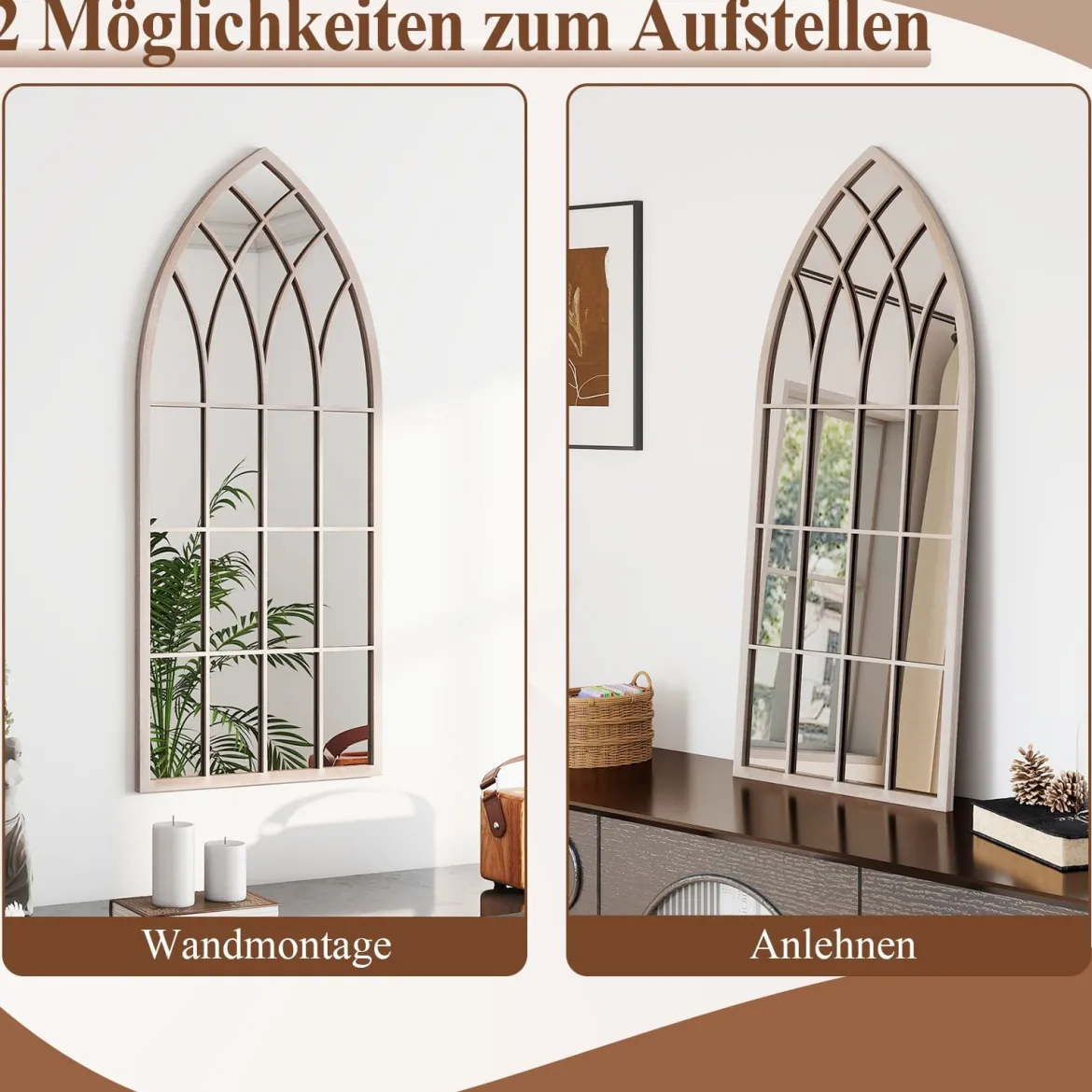 Farmhouse Fensterrahmen Spiegel gewölbter Wandspiegel mit Metallrahmen Grau 115 x 50 x 2 cm