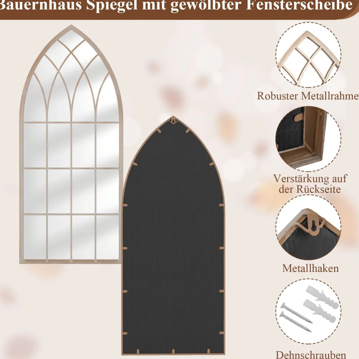 Farmhouse Fensterrahmen Spiegel gewölbter Wandspiegel mit Metallrahmen Grau 115 x 50 x 2 cm
