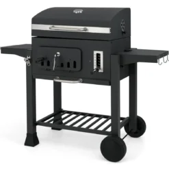 Fass-Holzkohlegrill mit 2 Klappbaren Seitentischen Outdoor-Grill mit Ablagefach & Rädern