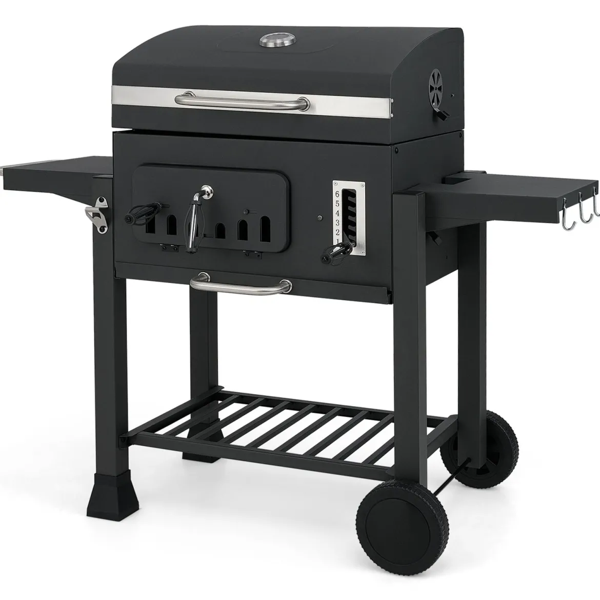 Fass-Holzkohlegrill mit 2 Klappbaren Seitentischen Outdoor-Grill mit Ablagefach & Rädern