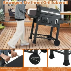 Fass-Holzkohlegrill mit 2 Klappbaren Seitentischen Outdoor-Grill mit Ablagefach & Rädern