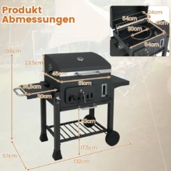 Fass-Holzkohlegrill mit 2 Klappbaren Seitentischen Outdoor-Grill mit Ablagefach & Rädern