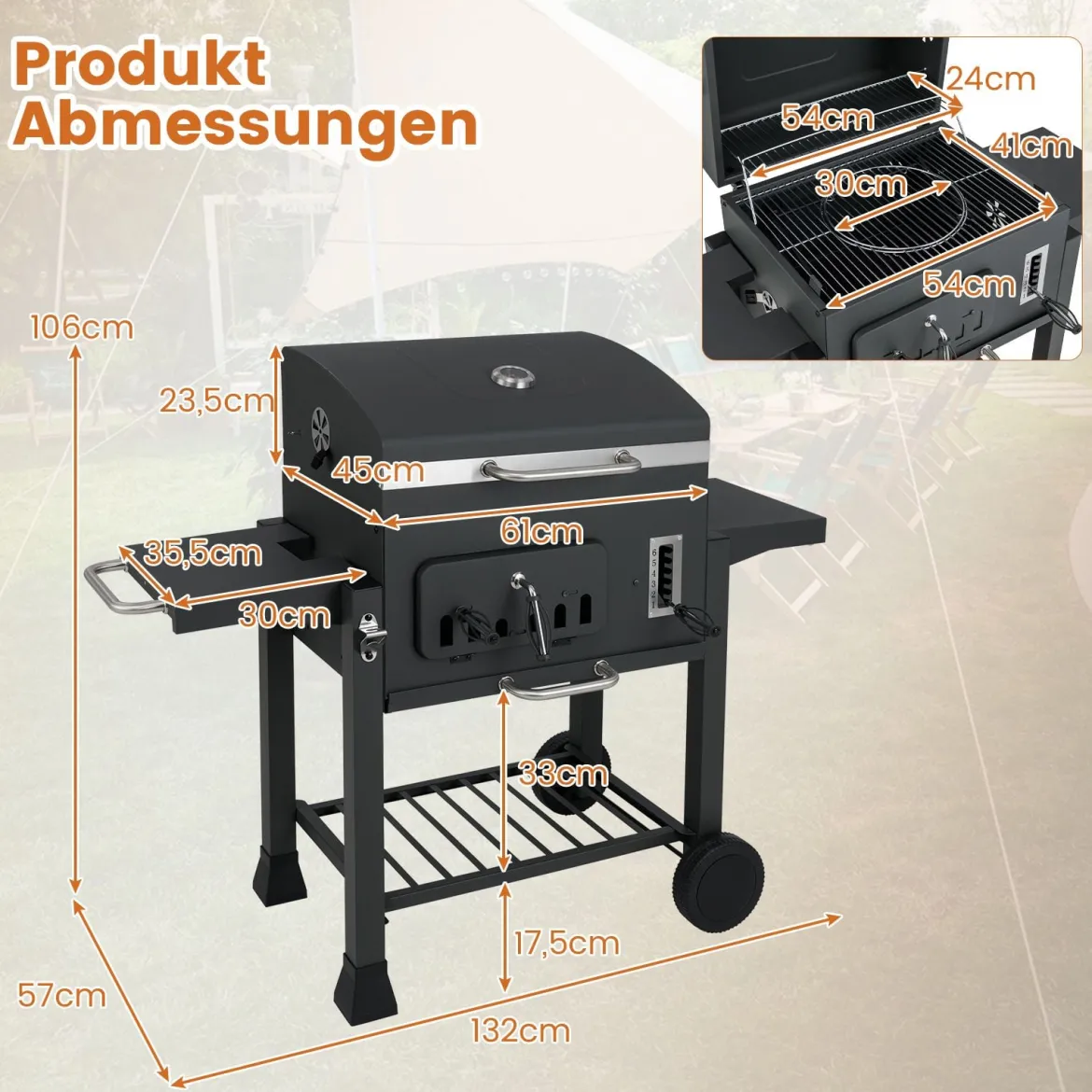Fass-Holzkohlegrill mit 2 Klappbaren Seitentischen Outdoor-Grill mit Ablagefach & Rädern