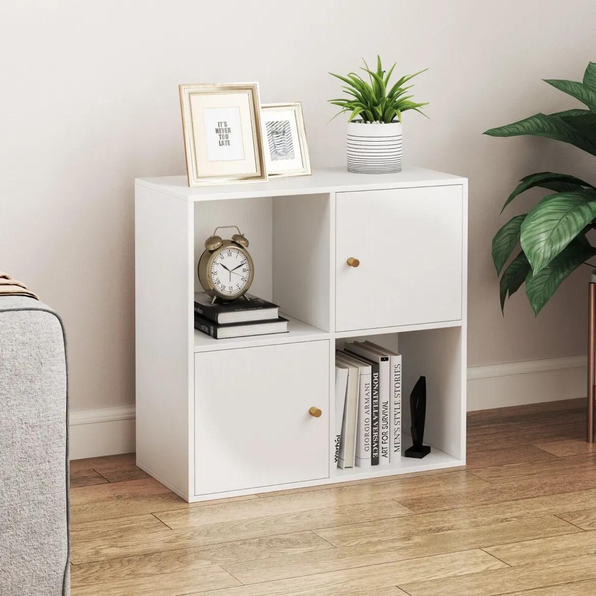 4 Fächern Bücherregal mit Kippschutz & 2 Türen Würfelregal Organizer Raumteiler Weiß
