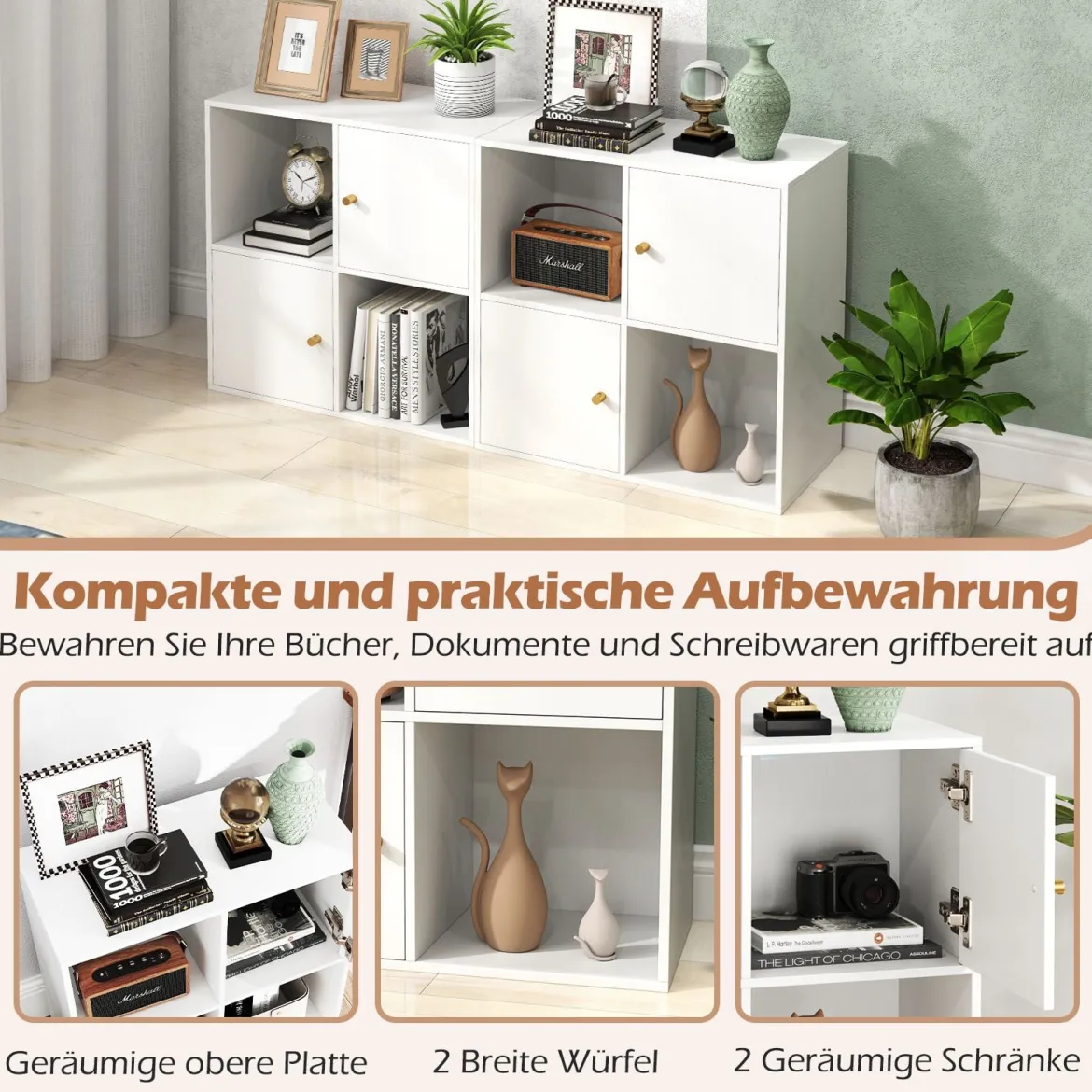 4 Fächern Bücherregal mit Kippschutz & 2 Türen Würfelregal Organizer Raumteiler Weiß