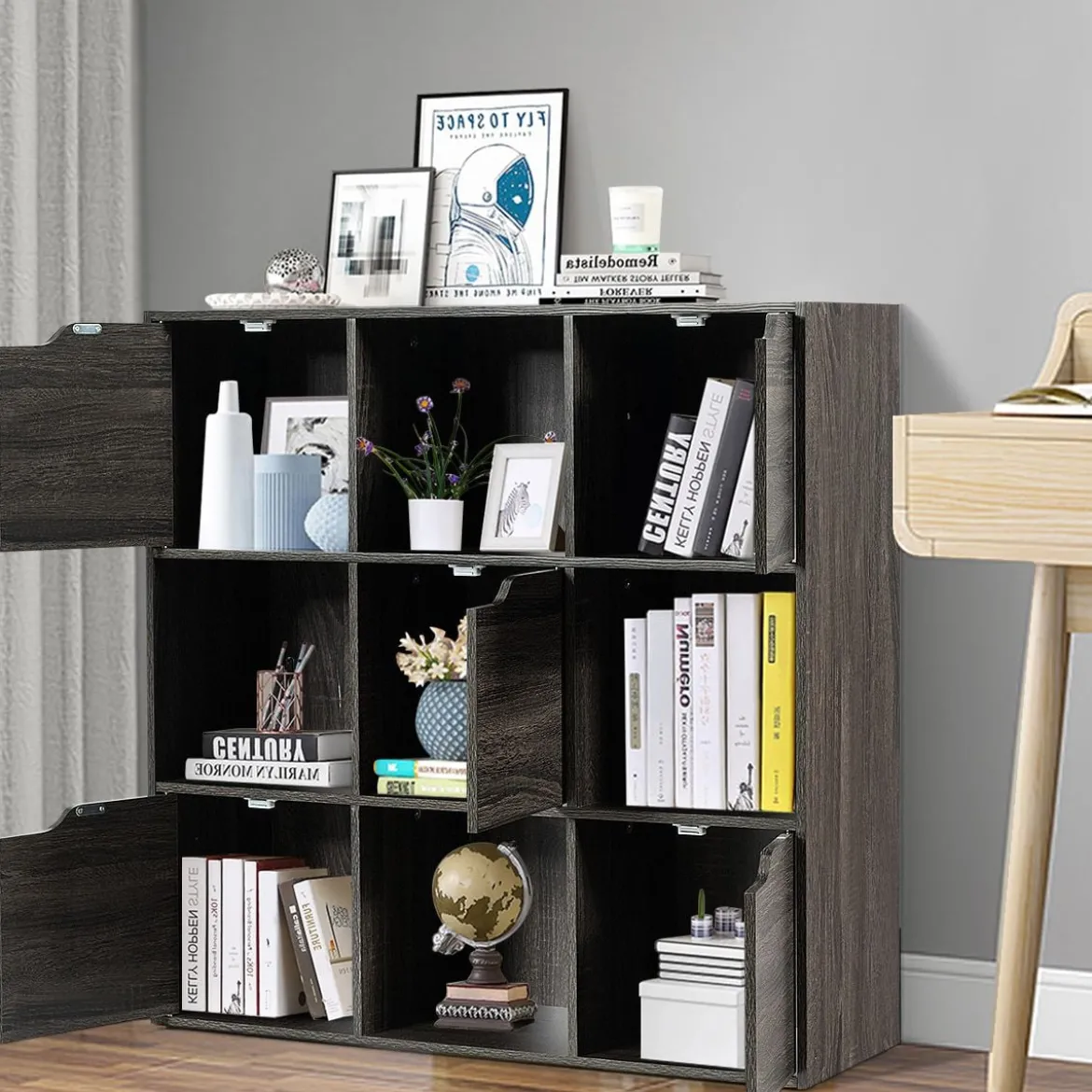 9-Fächer Stauraum Organizer Regal mit Türen freistehendes Holz Bücherregal