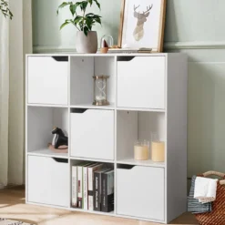 9-Fächer Stauraum Organizer Regal mit Türen freistehendes Holz Bücherregal