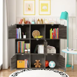 9-Fächer Stauraum Organizer Regal mit Türen freistehendes Holz Bücherregal