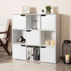 9-Fächer Stauraum Organizer Regal mit Türen freistehendes Holz Bücherregal