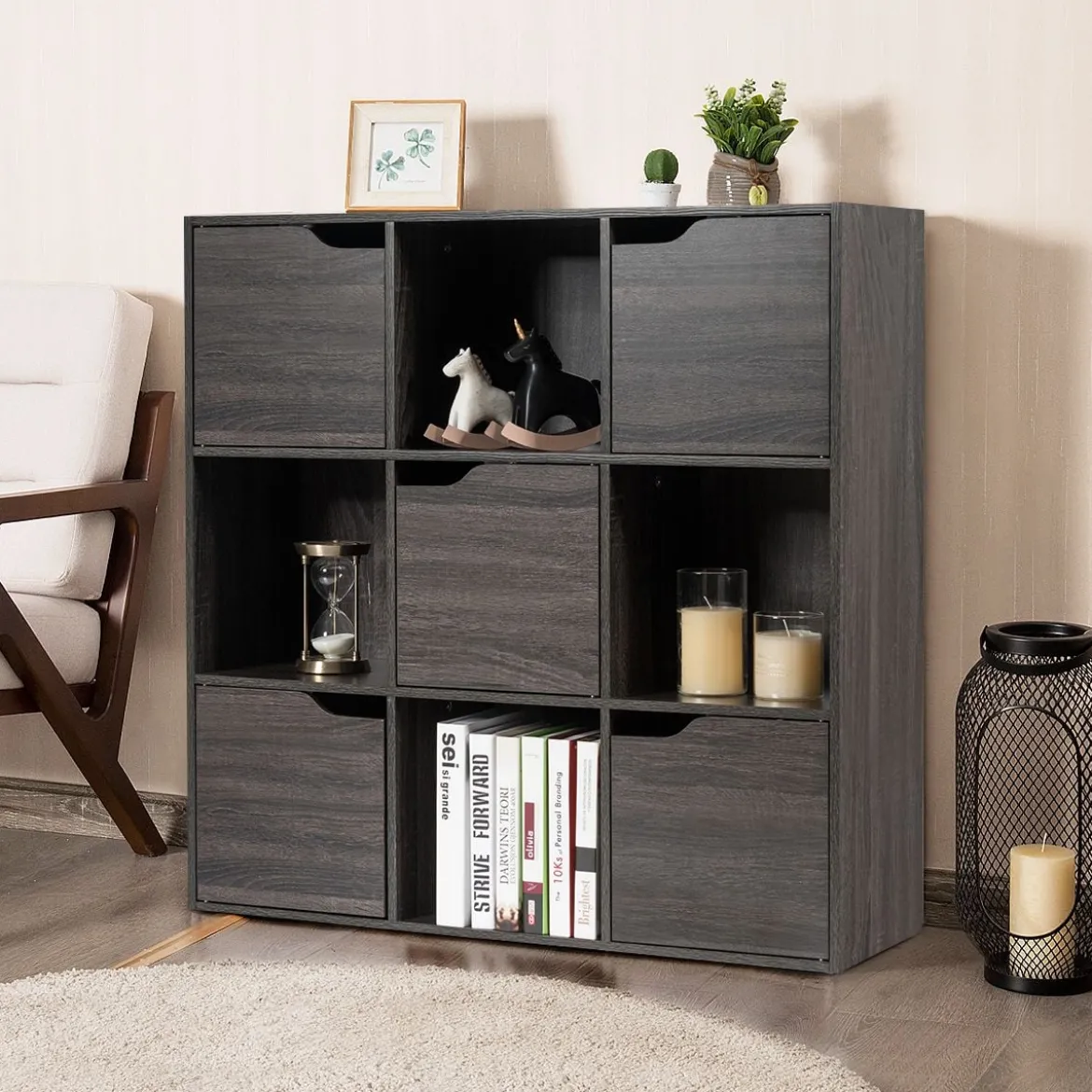 9-Fächer Stauraum Organizer Regal mit Türen freistehendes Holz Bücherregal