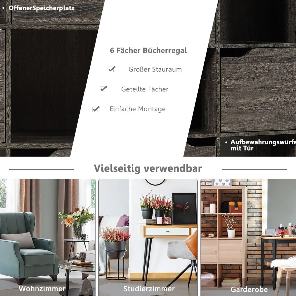 9-Fächer Stauraum Organizer Regal mit Türen freistehendes Holz Bücherregal