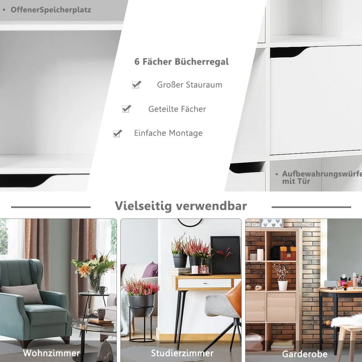 9-Fächer Stauraum Organizer Regal mit Türen freistehendes Holz Bücherregal