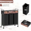 3 Fächer Wäschekorb 135L Rollbar Mit Schubladen Wäschesäcke Für Badezimmer Wohnzimmer Schwarz + Rustikal Braun