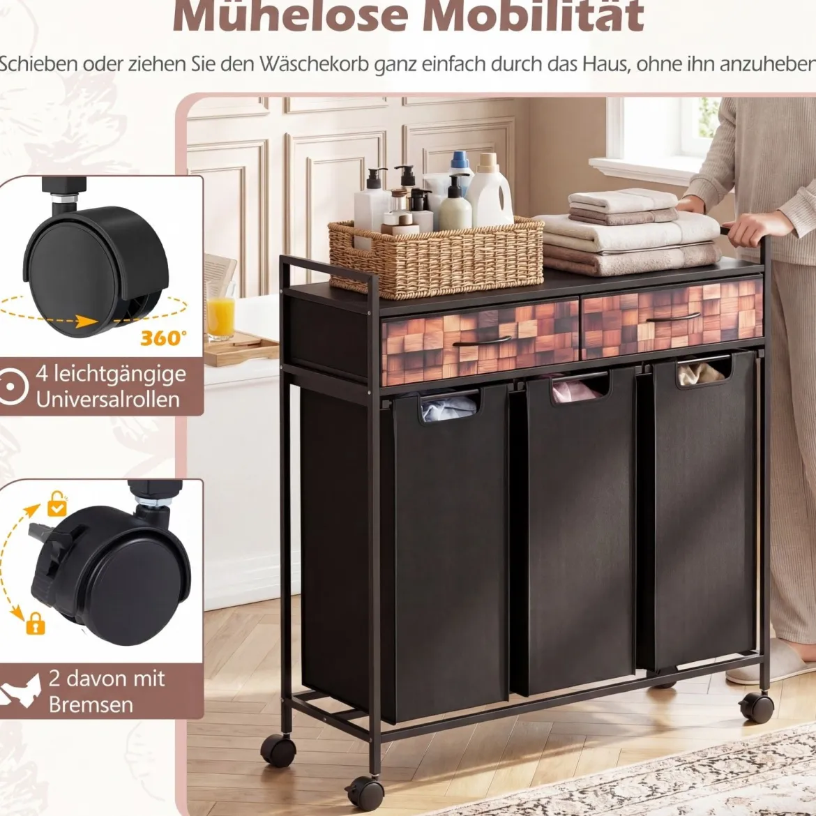 3 Fächer Wäschekorb 135L Rollbar Mit Schubladen Wäschesäcke Für Badezimmer Wohnzimmer Schwarz + Rustikal Braun
