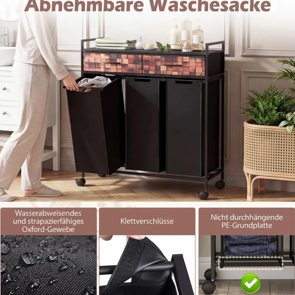 3 Fächer Wäschekorb 135L Rollbar Mit Schubladen Wäschesäcke Für Badezimmer Wohnzimmer Schwarz + Rustikal Braun