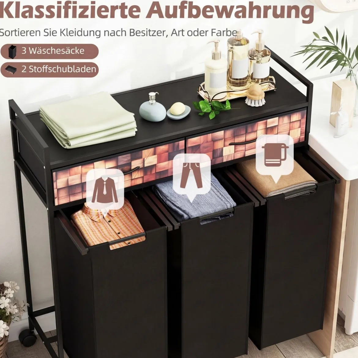 3 Fächer Wäschekorb 135L Rollbar Mit Schubladen Wäschesäcke Für Badezimmer Wohnzimmer Schwarz + Rustikal Braun