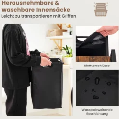 2 Fächer Wäschekorb mit Ablage & 2 Abnehmbaren Taschen Wäschesammler 72,5 x 33 x 72 cm