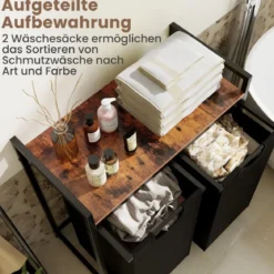 2 Fächer Wäschekorb mit Ablage & 2 Abnehmbaren Taschen Wäschesammler 72,5 x 33 x 72 cm