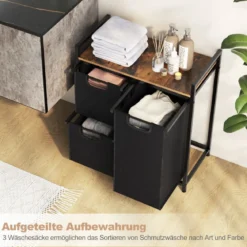 3 Fächer Wäschekorb mit Ablage & 3 Abnehmbaren Taschen Wäschesammler 66,5 x 33 x 72 cm