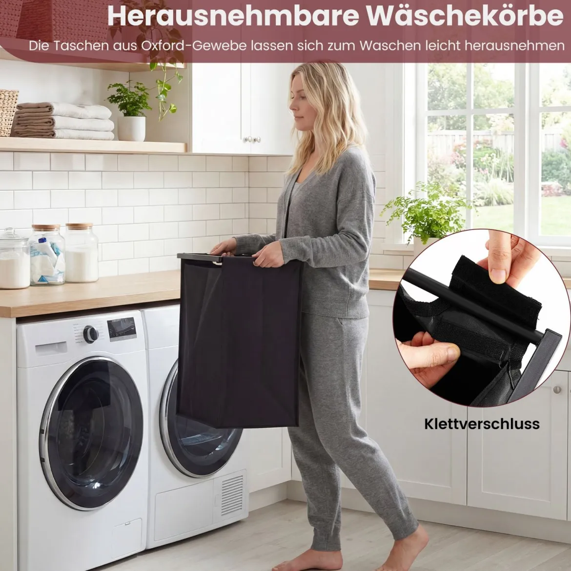 3 Fächer Wäschekorb mit Ablage 75 L Wäschesammler mit 3 Abnehmbaren Taschen Wäschesortierer
