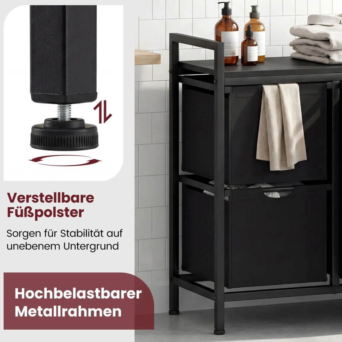 3 Fächer Wäschekorb mit Ablage 75 L Wäschesammler mit 3 Abnehmbaren Taschen Wäschesortierer