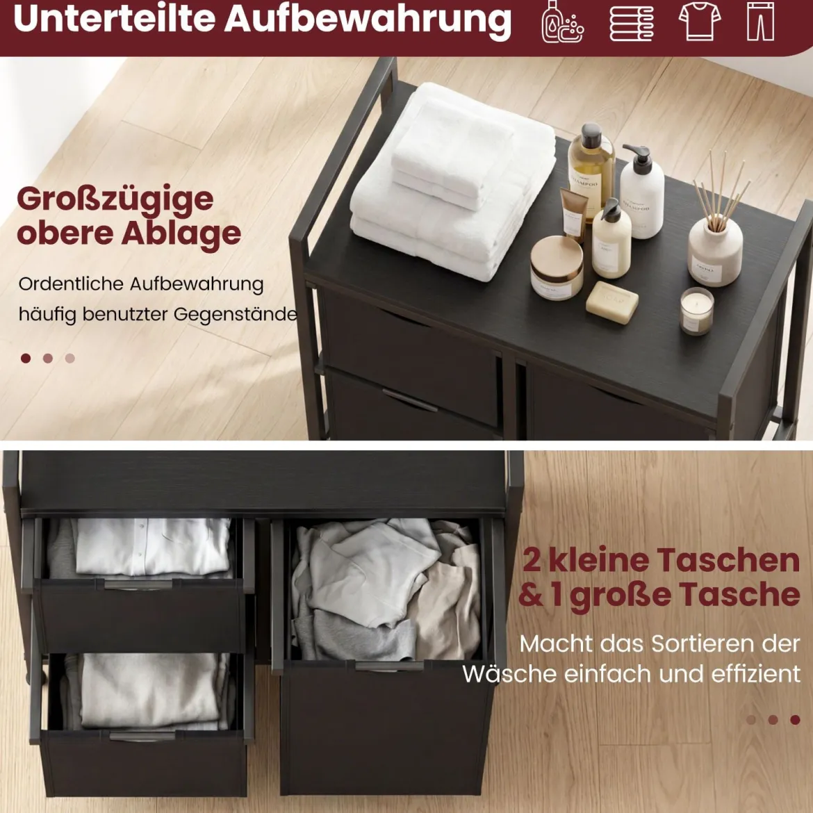 3 Fächer Wäschekorb mit Ablage 75 L Wäschesammler mit 3 Abnehmbaren Taschen Wäschesortierer