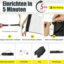 Federballnetz mit Ständer verstellbares Badminton-Netz für den Außenbereich Schwarz