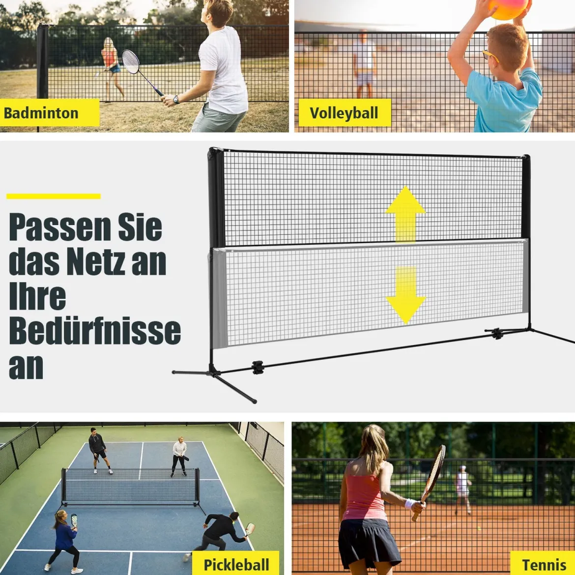 Federballnetz mit Ständer verstellbares Badminton-Netz für den Außenbereich Schwarz