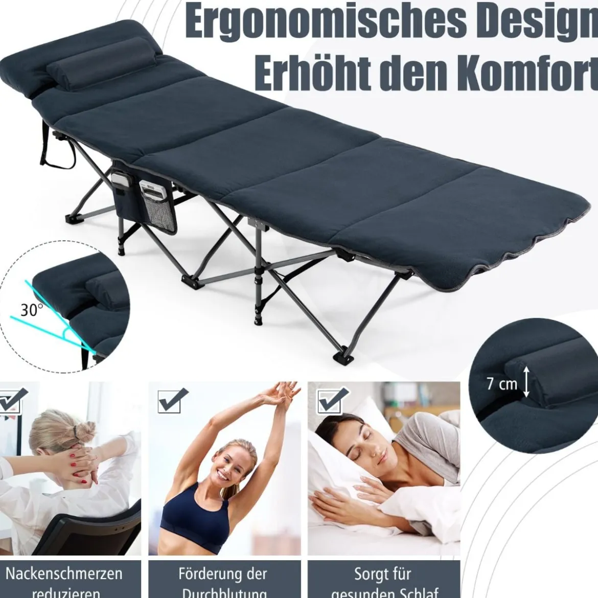 Feldbett Klappbar Campingbett mit Matratze 185 cm x 65 cm x 41–53 cm Blau