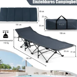 Feldbett Klappbar Campingbett mit Matratze 185 cm x 65 cm x 41–53 cm Blau