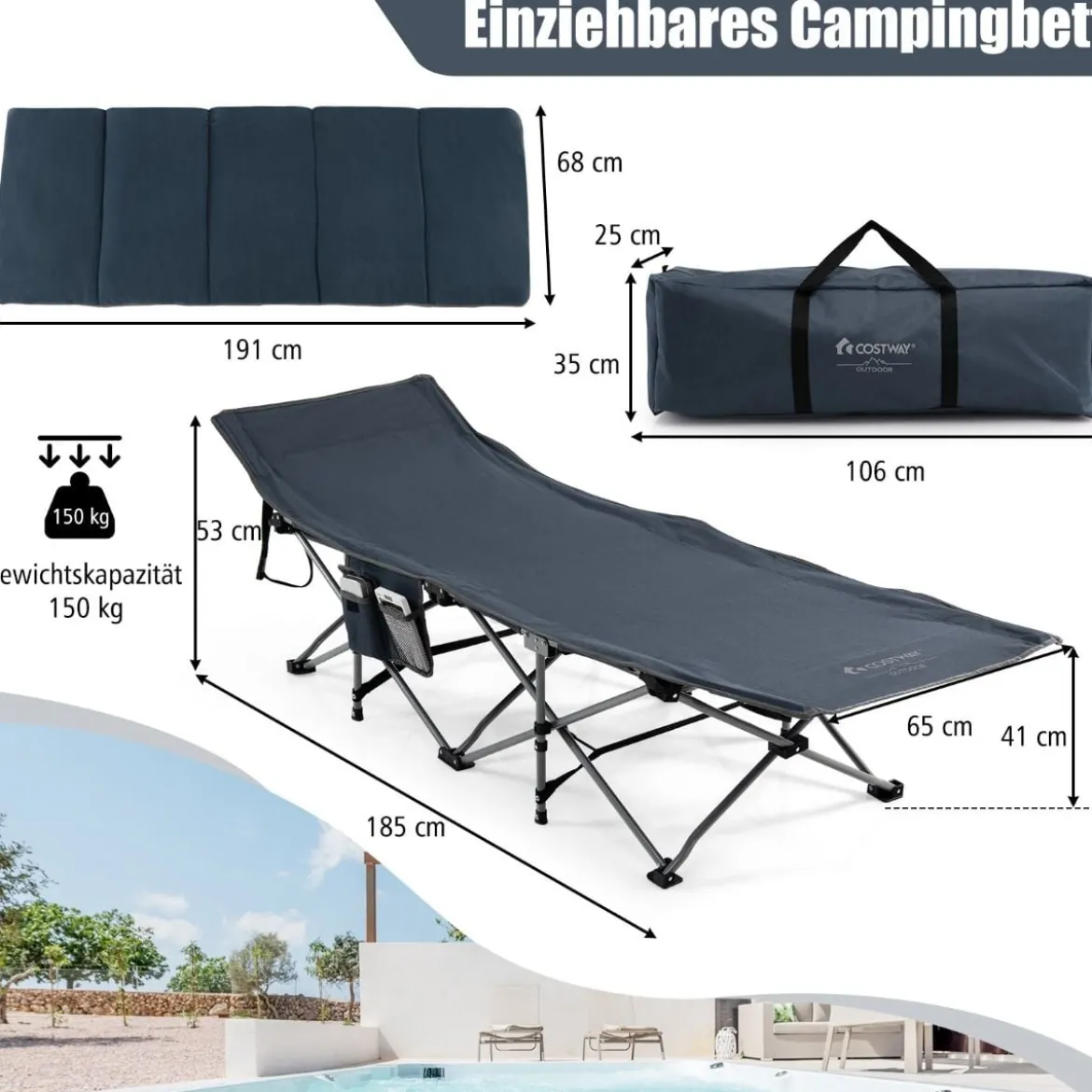 Feldbett Klappbar Campingbett mit Matratze 185 cm x 65 cm x 41–53 cm Blau