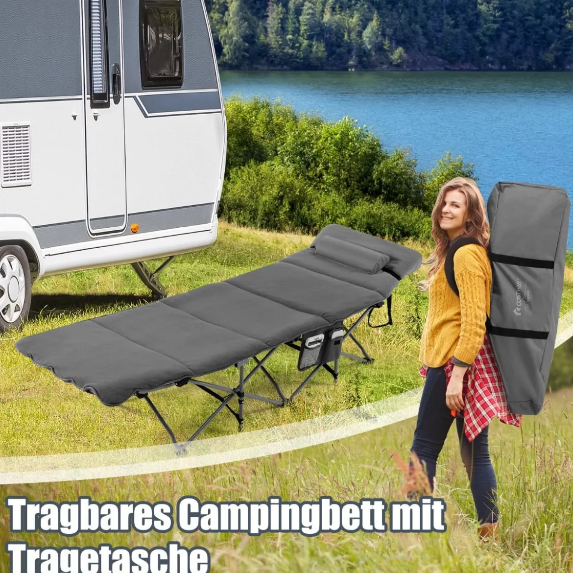 Feldbett Klappbar Campingbett mit Matratze 185 cm x 65 cm x 41–53 cm Grau