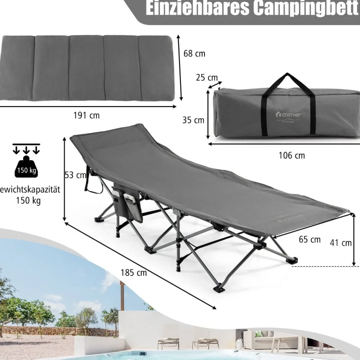 Feldbett Klappbar Campingbett mit Matratze 185 cm x 65 cm x 41–53 cm Grau
