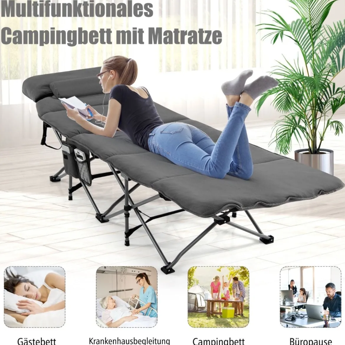 Feldbett Klappbar Campingbett mit Matratze 185 cm x 65 cm x 41–53 cm Grau