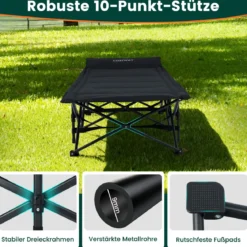 Feldbett klappbar für Erwachsene Campingbett mit 10-Punkt-Stützensystem Seitentasche & Tragetasche Schwarz