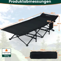 Feldbett klappbar für Erwachsene Campingbett mit 10-Punkt-Stützensystem Seitentasche & Tragetasche Schwarz