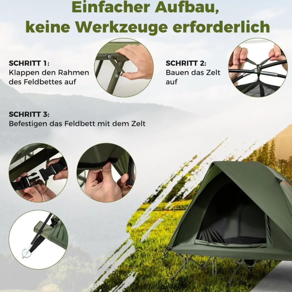 Feldbett mit Zelt für 2 Personen Campingbett mit Regenschutz & 2 Netztüren & Rolltasche