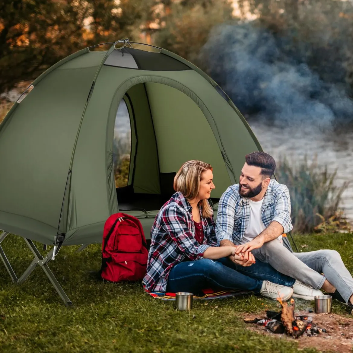 Feldbett mit Zelt für 2 Personen Campingbett mit Regenschutz & 2 Netztüren & Rolltasche