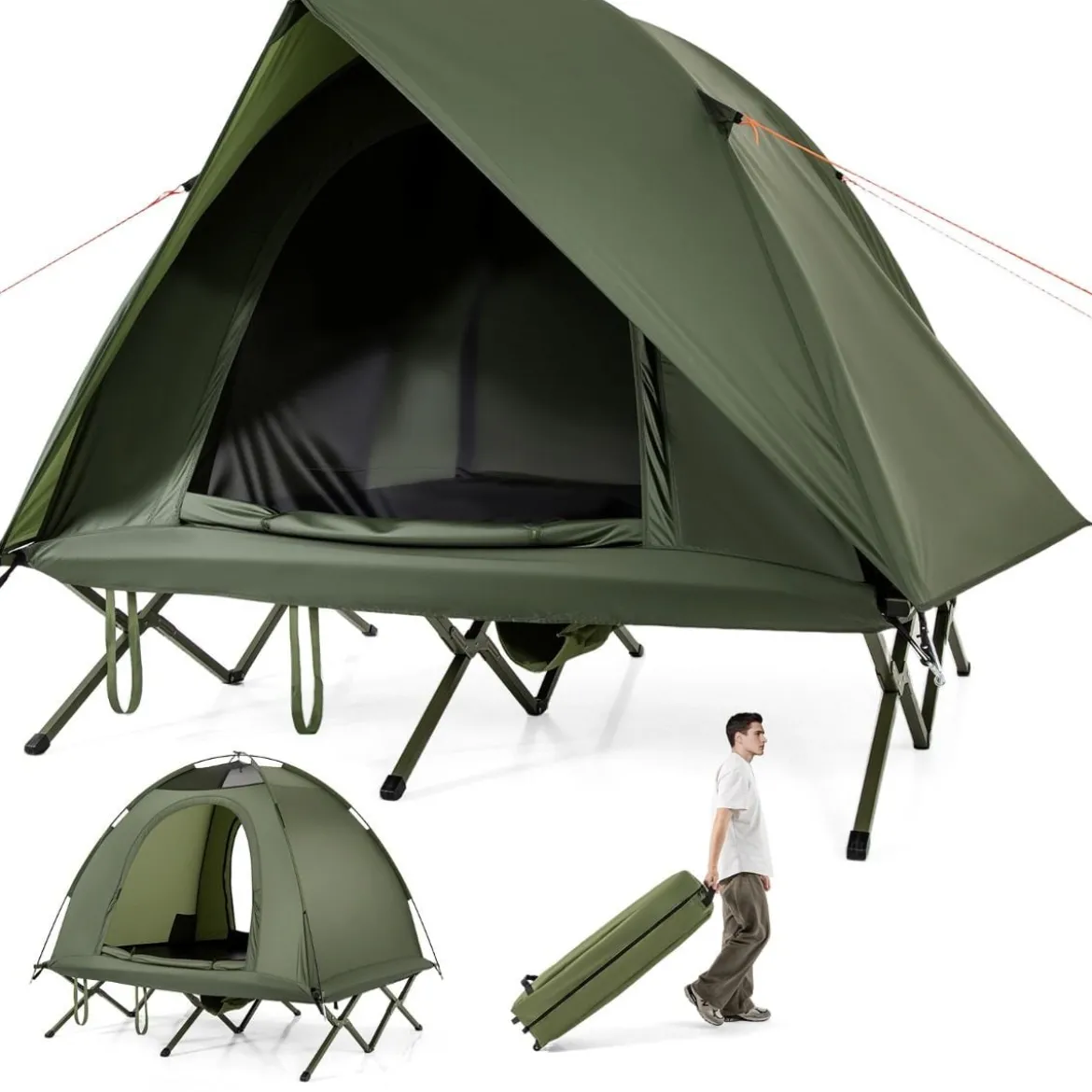 Feldbett mit Zelt für 2 Personen Campingbett mit Regenschutz & 2 Netztüren & Rolltasche
