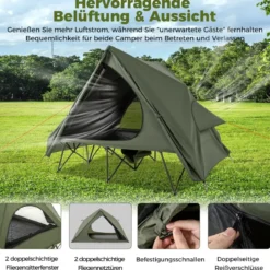 Feldbett mit Zelt für 2 Personen Campingbett mit Regenschutz & 2 Netztüren & Fenster & Rolltasche