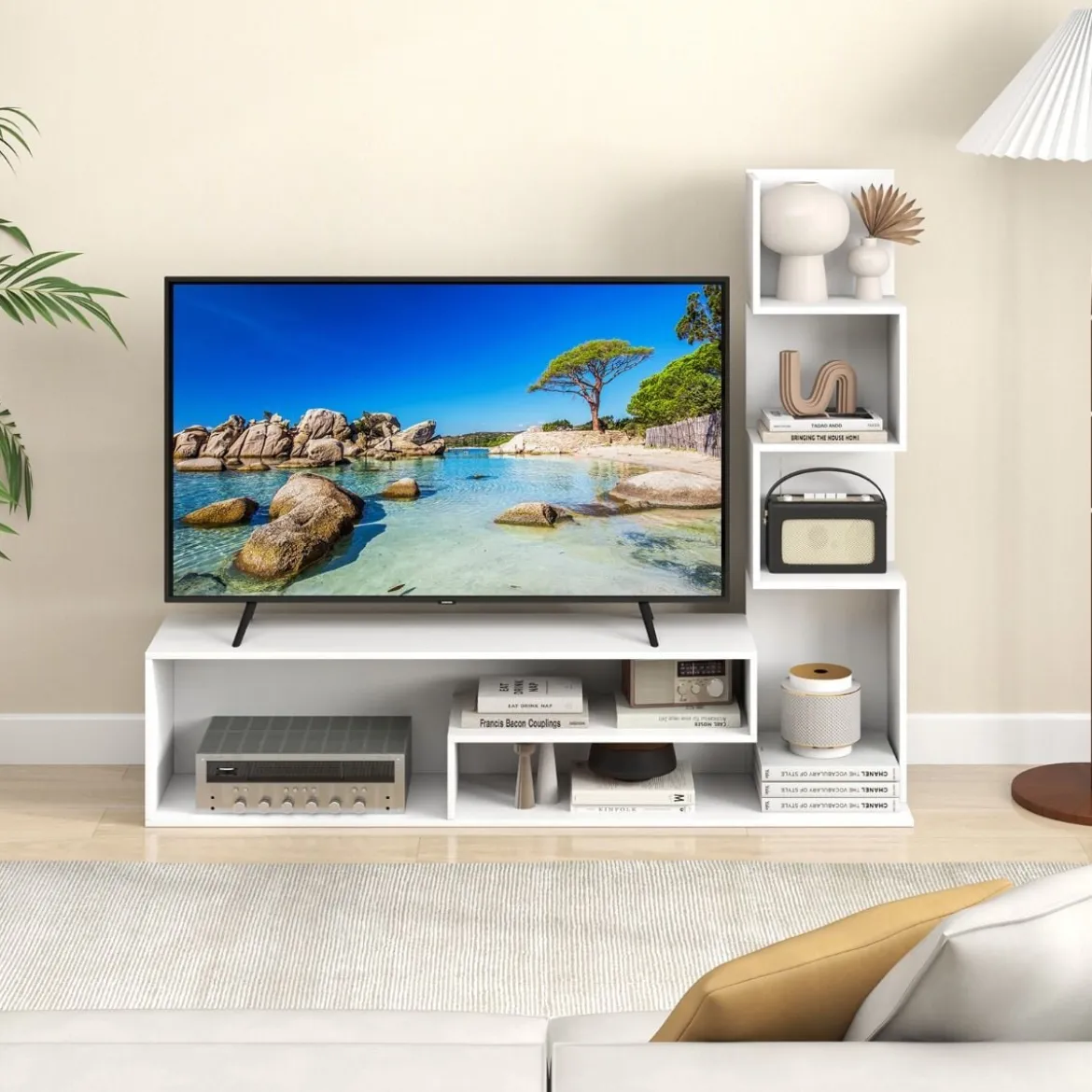 Fernsehschrank Holz Fernsehtisch mit Bücherregal für TVs bis zu 50" 144,5 x 29,5 x 121 cm Braun/Weiß