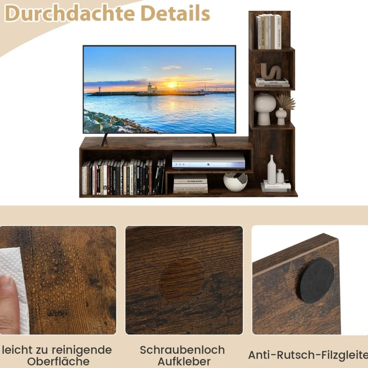 Fernsehschrank Holz Fernsehtisch mit Bücherregal für TVs bis zu 50" 144,5 x 29,5 x 121 cm Braun/Weiß
