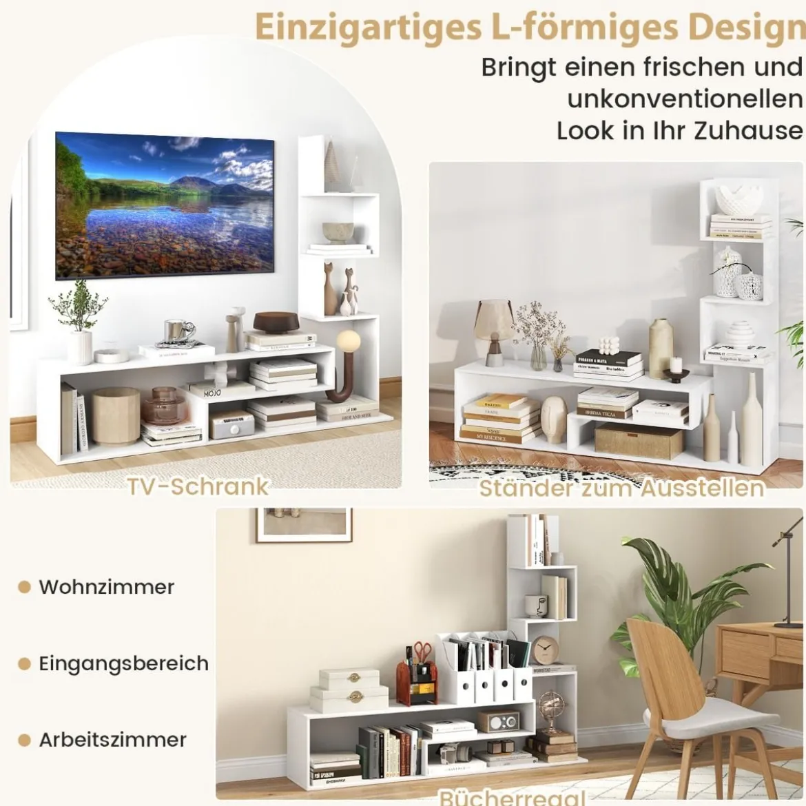 Fernsehschrank Holz Fernsehtisch mit Bücherregal für TVs bis zu 50" 144,5 x 29,5 x 121 cm Braun/Weiß