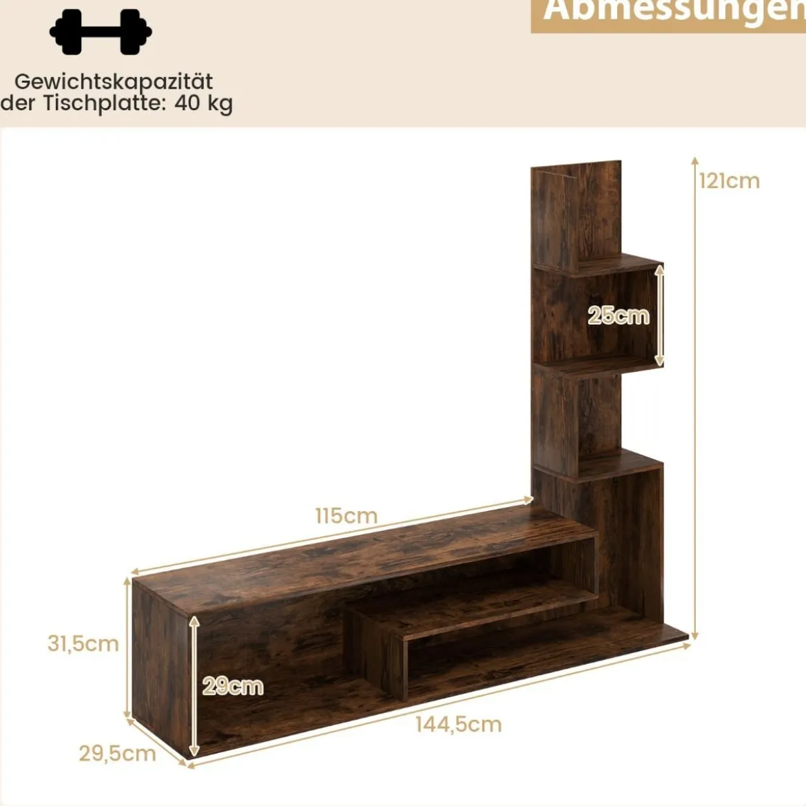 Fernsehschrank Holz Fernsehtisch mit Bücherregal für TVs bis zu 50" 144,5 x 29,5 x 121 cm Braun/Weiß