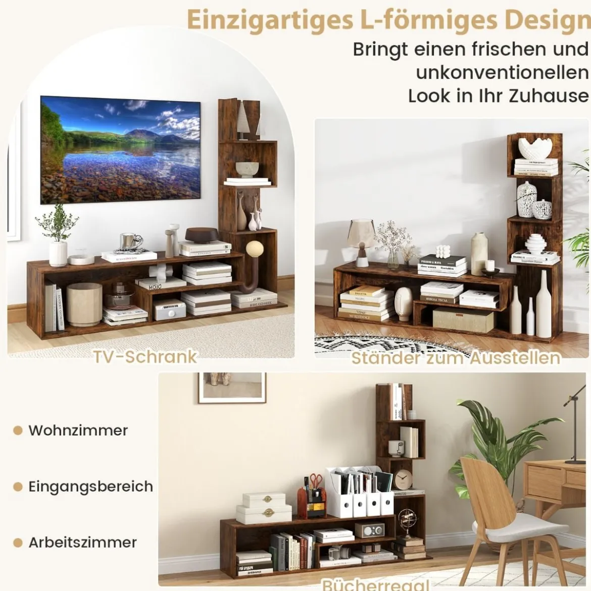Fernsehschrank Holz Fernsehtisch mit Bücherregal für TVs bis zu 50" 144,5 x 29,5 x 121 cm Braun/Weiß