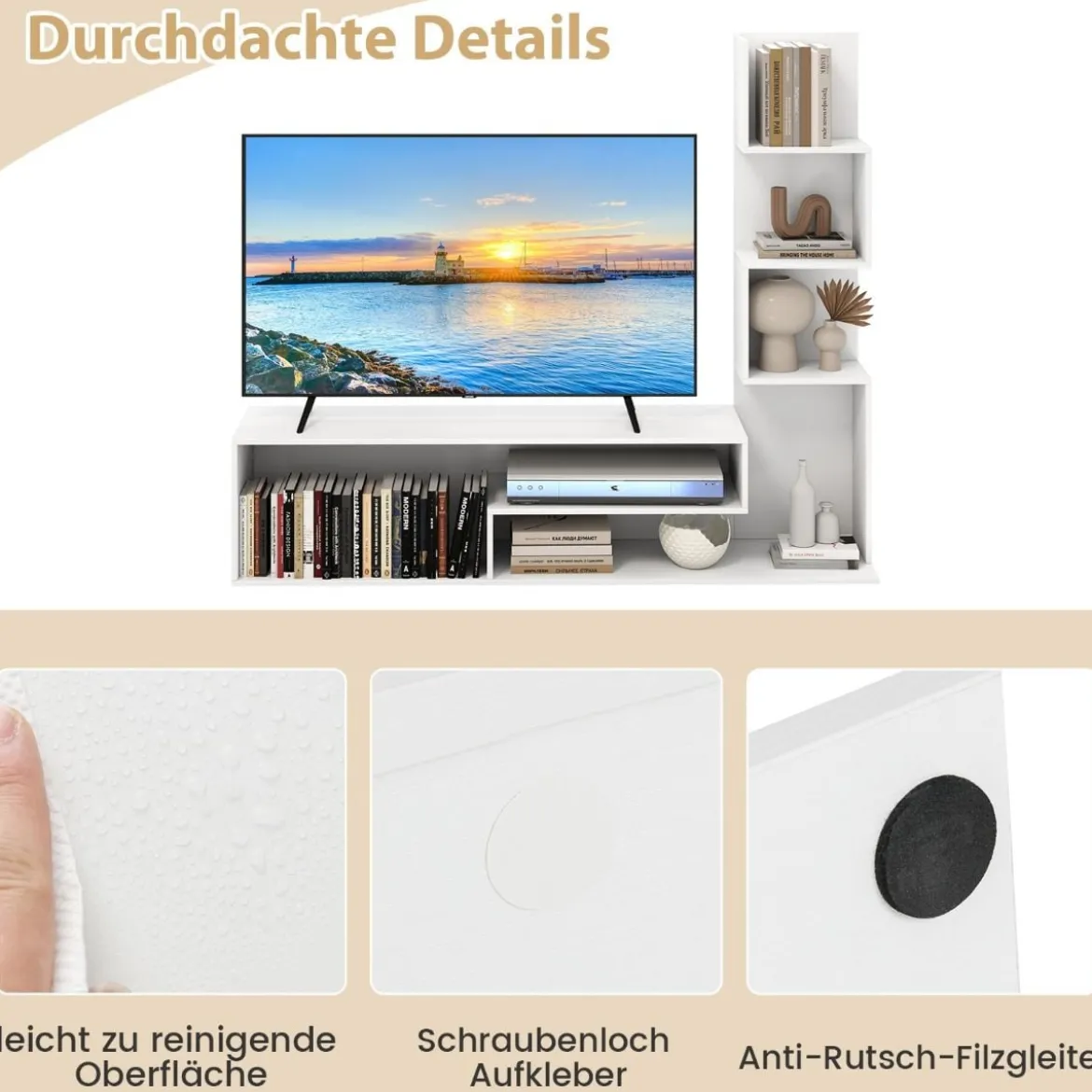 Fernsehschrank Holz Fernsehtisch mit Bücherregal für TVs bis zu 50" 144,5 x 29,5 x 121 cm Braun/Weiß